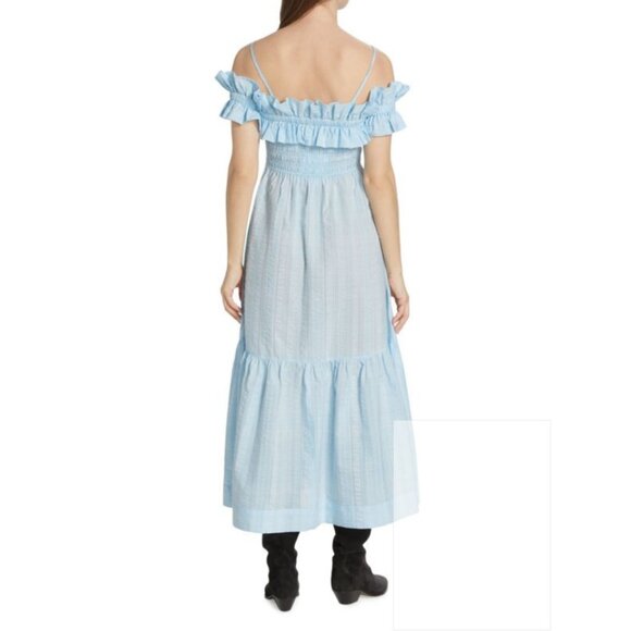 NEW Ganni Size 38 (US 6) Women's Seersucker Smocked Maxi Dress - Ice Water - Picture 4 of 6